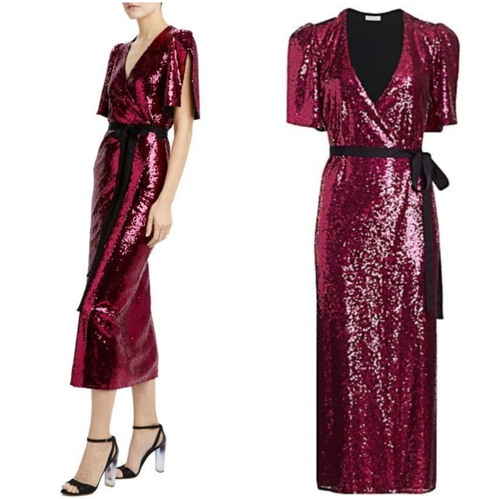 Monique Lhuillier Sequin Flutter Wrap Midi Maxi Gown Cocktail Party Dress XS